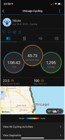 Screenshot of a cycling app with map showing a 28-mile ride along Lakeshore Drive 